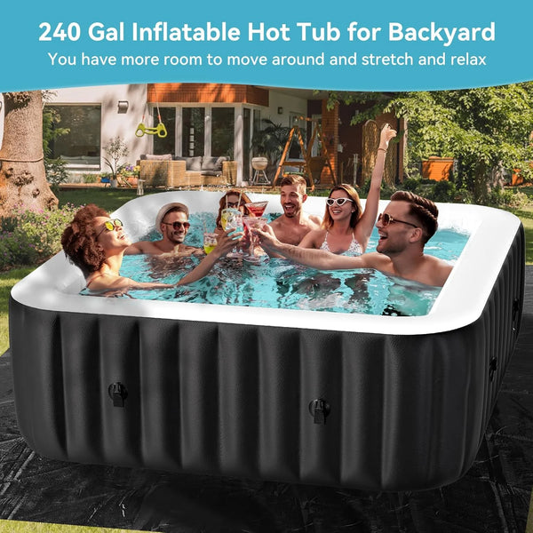 240 Gallon Inflatable Hot Tub 6 Person Square with Control Panel, Portable Outdoor Airjet Hot Tub Spa with 130 Bubble Jets, Filter, Insulated Tub Cover and Floor Protector, Temperature up to 104°F