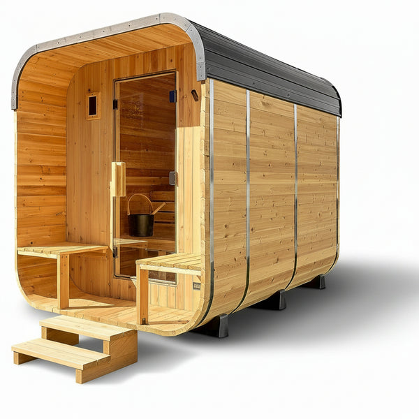 Backyard Discovery Lennon 4-6 Person Traditional Cedar Outdoor Cube Sauna with Porch, Electric Sauna Heater, Sauna Rocks, Dry Heat, Steam Sauna, LED Lights, Wi-Fi Control, Sauna Accessories
