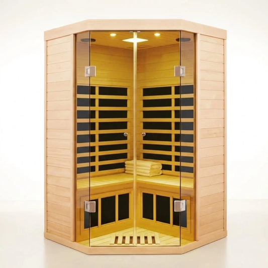 2-Person Corner Far Infrared Sauna Room - Hemlock Wood, Deluxe Transparent Glass Front, Large Capacity Home Sauna — Studio Shot