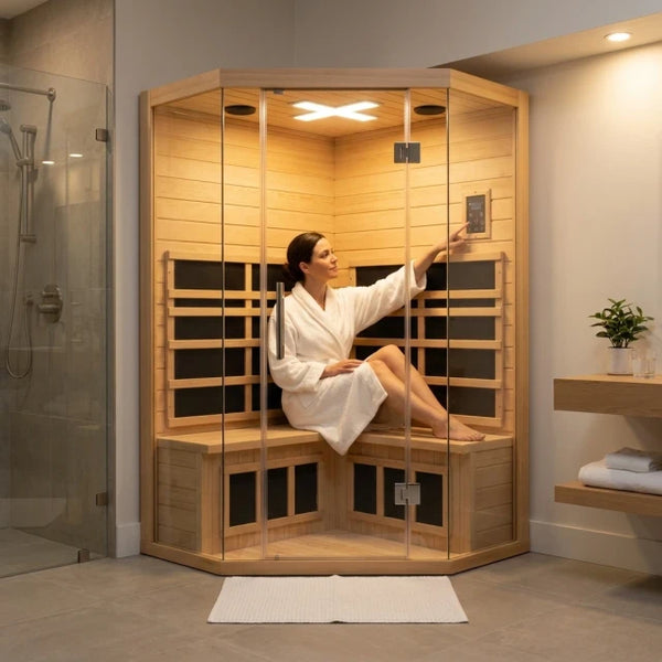 Infrared Sauna Room Built for Home Recovery, 2-Person Corner Design, Hemlock Wood, Seven Heat Panels