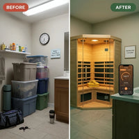 2-Person Corner Far Infrared Sauna Room - Hemlock Wood, Deluxe Transparent Glass Front, Large Capacity Home Sauna — Before & After